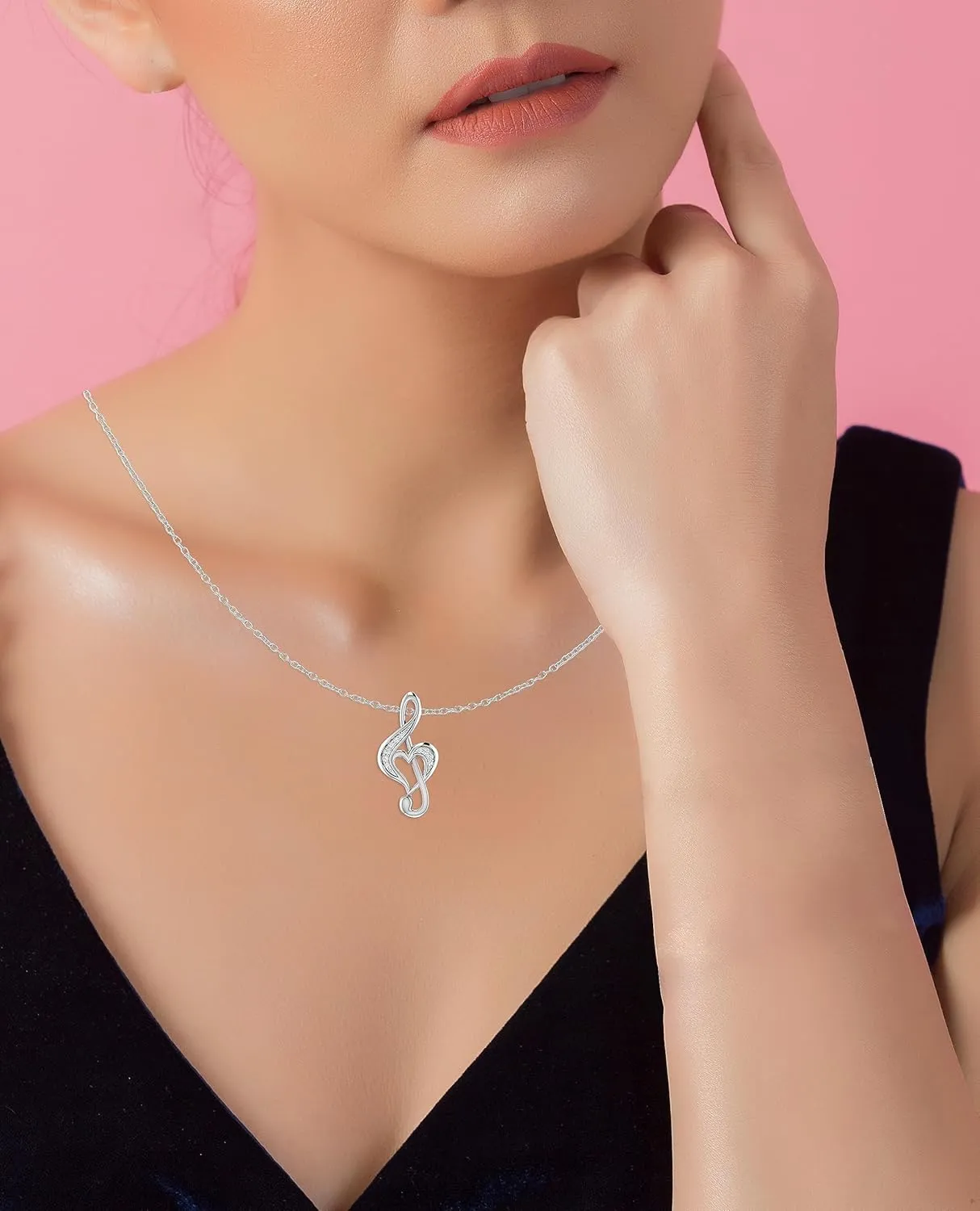 0.043 Ct Tw Natural Diamond Treble Clef Love Musical Heart Pendant 18" Necklace In 925 Sterling Silver For Women | Fine Jewelry Gift Box Included