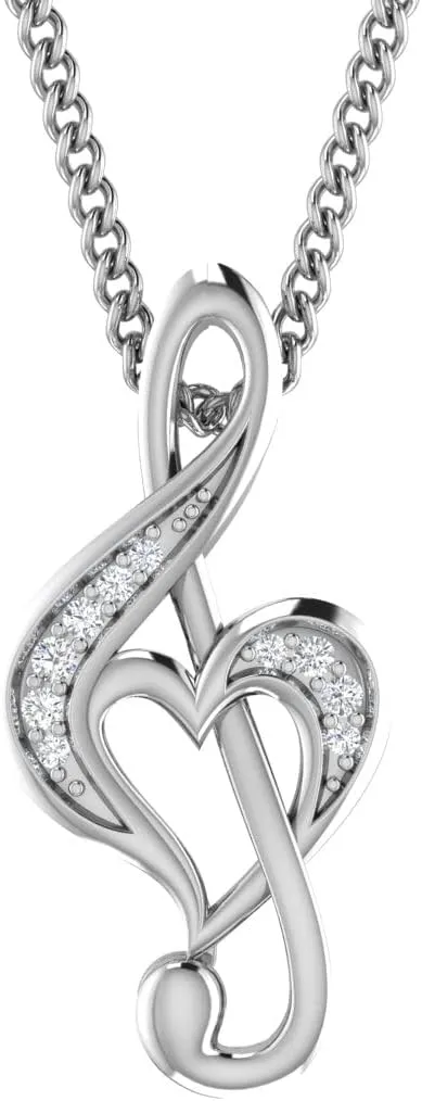 0.043 Ct Tw Natural Diamond Treble Clef Love Musical Heart Pendant 18" Necklace In 925 Sterling Silver For Women | Fine Jewelry Gift Box Included