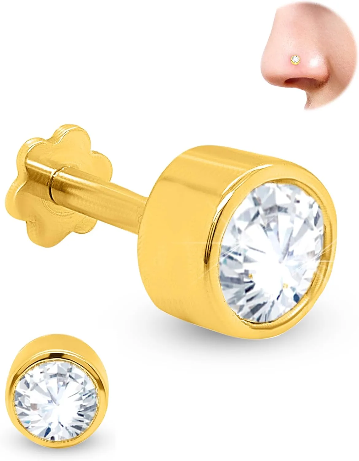 0.33cttw Bezel Set Round Lab-Grown Diamond Nose Ring in 14K Gold Nose Stud in 20 Gauge| Diamond Nose Pin For Women | (Color- G-H, Clarity-VS-SI)
