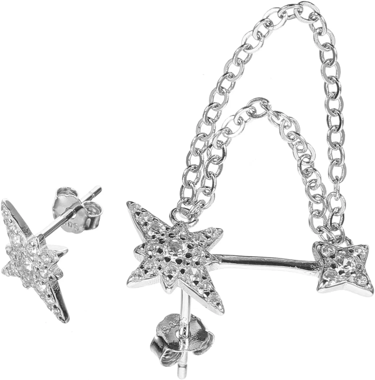 1 Pair Silver Double Cuff Earrings Non Piercing Ear Cuffs Rhinestones Gothic Style Chain Earrings