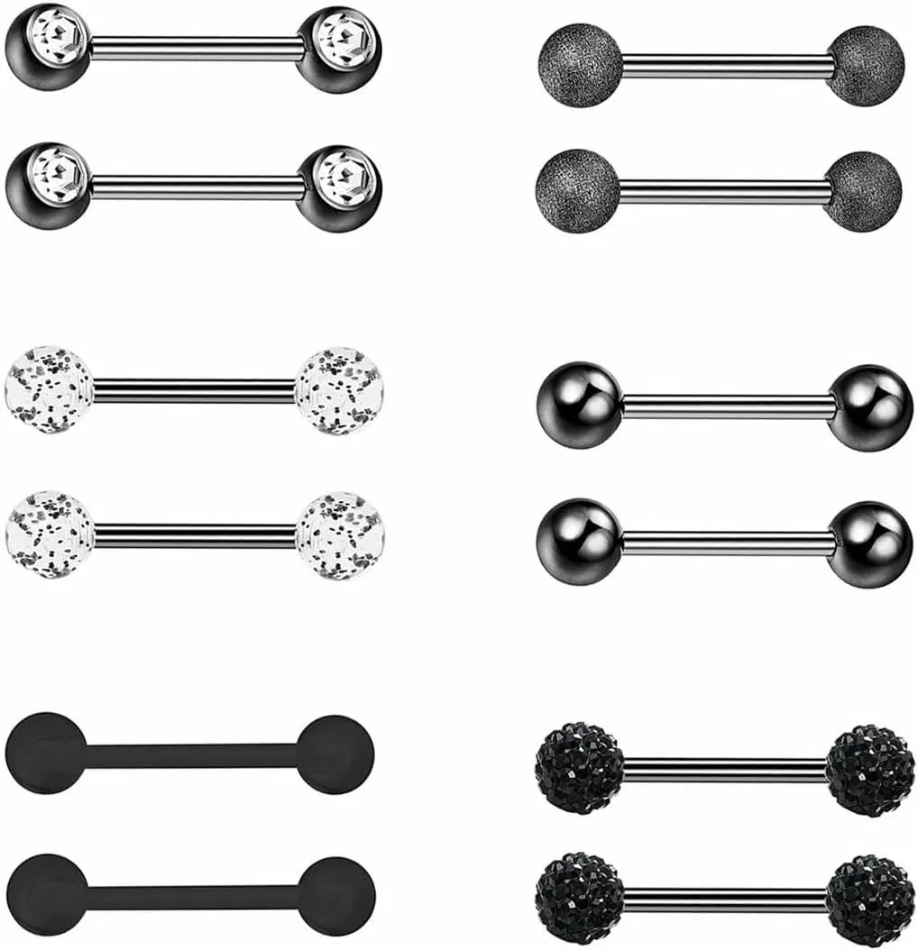 12 PCs Stainless Steel 14G Tongue Ring Barbell Body Piercing 3 4"18mm Unique Delicate Jewelry Accessories