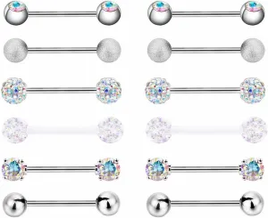 12 PCs Surgical Steel CZ Barbell Tongue Rings Piercing Multi color Unique Delicate Jewelry Accessories