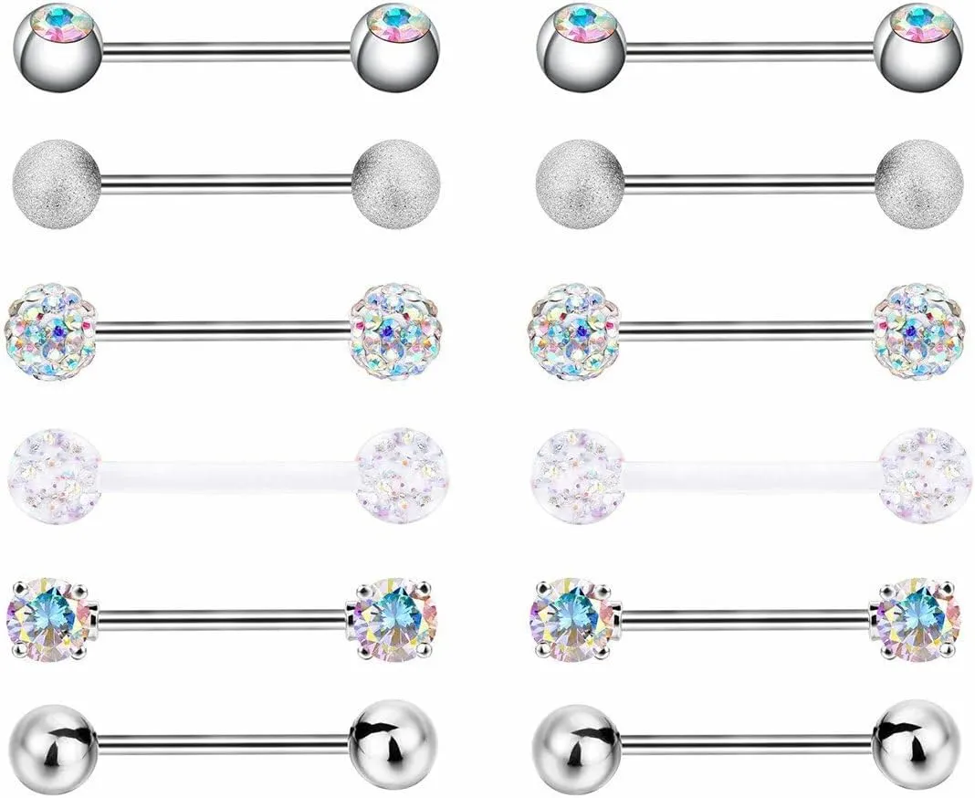 12 PCs Surgical Steel CZ Barbell Tongue Rings Piercing Multi color Unique Delicate Jewelry Accessories