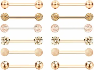 12 PCs Surgical Steel CZ Barbell Tongue Rings Piercing Rose Gold Color Unique Delicate Jewelry Accessories