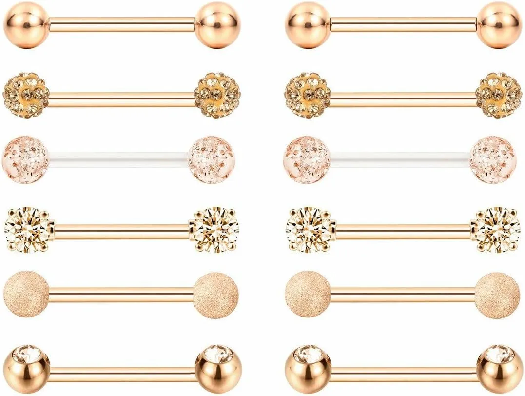 12 PCs Surgical Steel CZ Barbell Tongue Rings Piercing Rose Gold Color Unique Delicate Jewelry Accessories