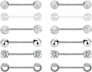 12 PCs Surgical Steel CZ Barbell Tongue Rings Piercing silver color Unique Delicate Jewelry Accessories