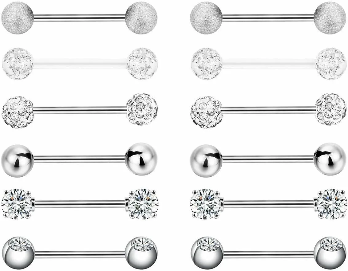 12 PCs Surgical Steel CZ Barbell Tongue Rings Piercing silver color Unique Delicate Jewelry Accessories