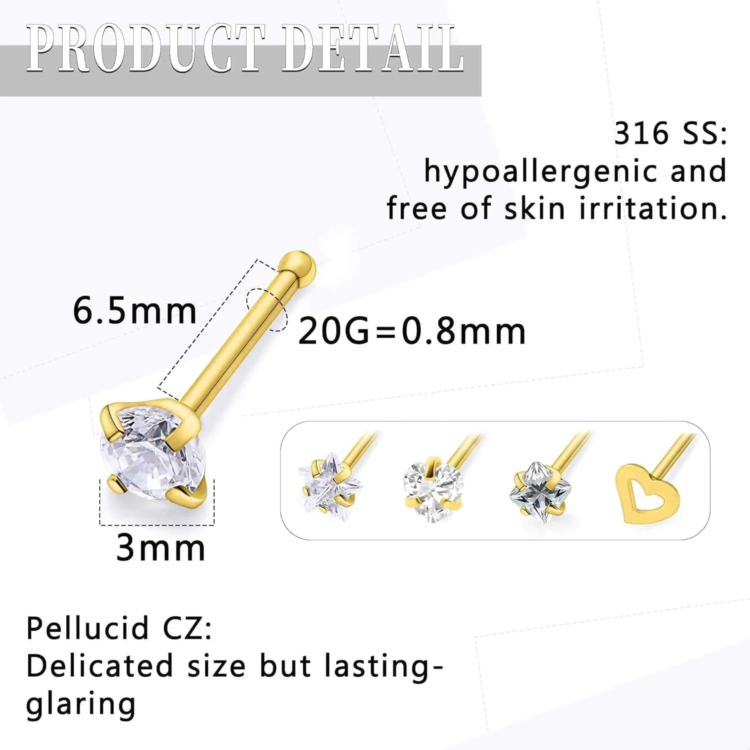 14K Gold Filled 20G Nose Rings Studs Piercing Jewelry For Women Men 316L Surgical Steel Flower Butterfly Cubic Zirconia Nose Rings Studs Nostrial Piercing Jewelry For Women Men Clear Pink CZ