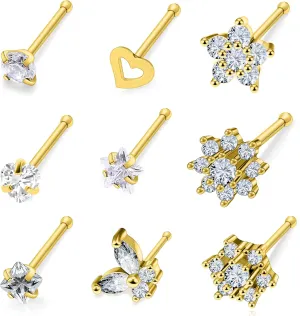 14K Gold Filled 20G Nose Rings Studs Piercing Jewelry For Women Men 316L Surgical Steel Flower Butterfly Cubic Zirconia Nose Rings Studs Nostrial Piercing Jewelry For Women Men Clear Pink CZ