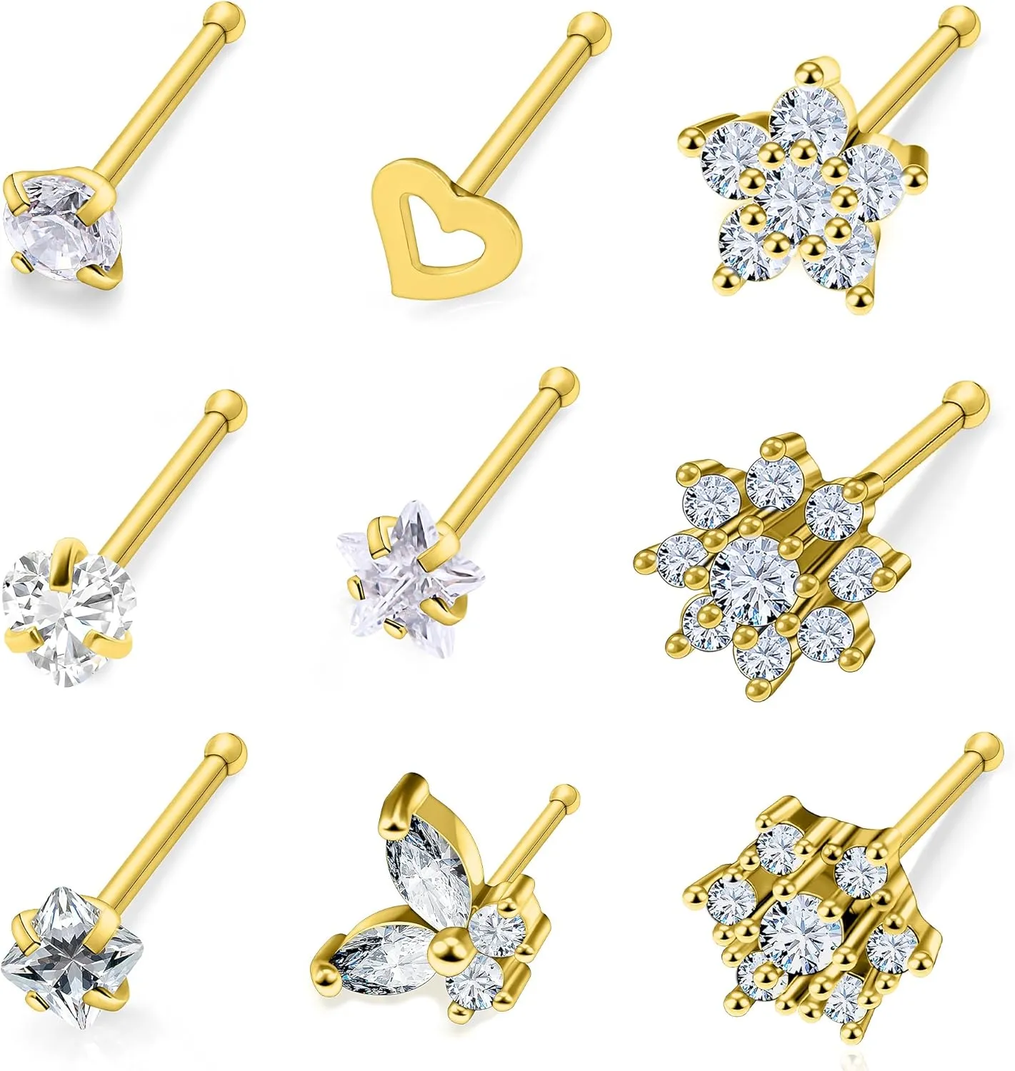 14K Gold Filled 20G Nose Rings Studs Piercing Jewelry For Women Men 316L Surgical Steel Flower Butterfly Cubic Zirconia Nose Rings Studs Nostrial Piercing Jewelry For Women Men Clear Pink CZ