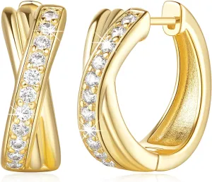 14K Gold Hoop Earrings 14K Gold Earrings for Women Thick Small Diamond Hoop Earring X-shaped Hoops Earring for Women 17MM