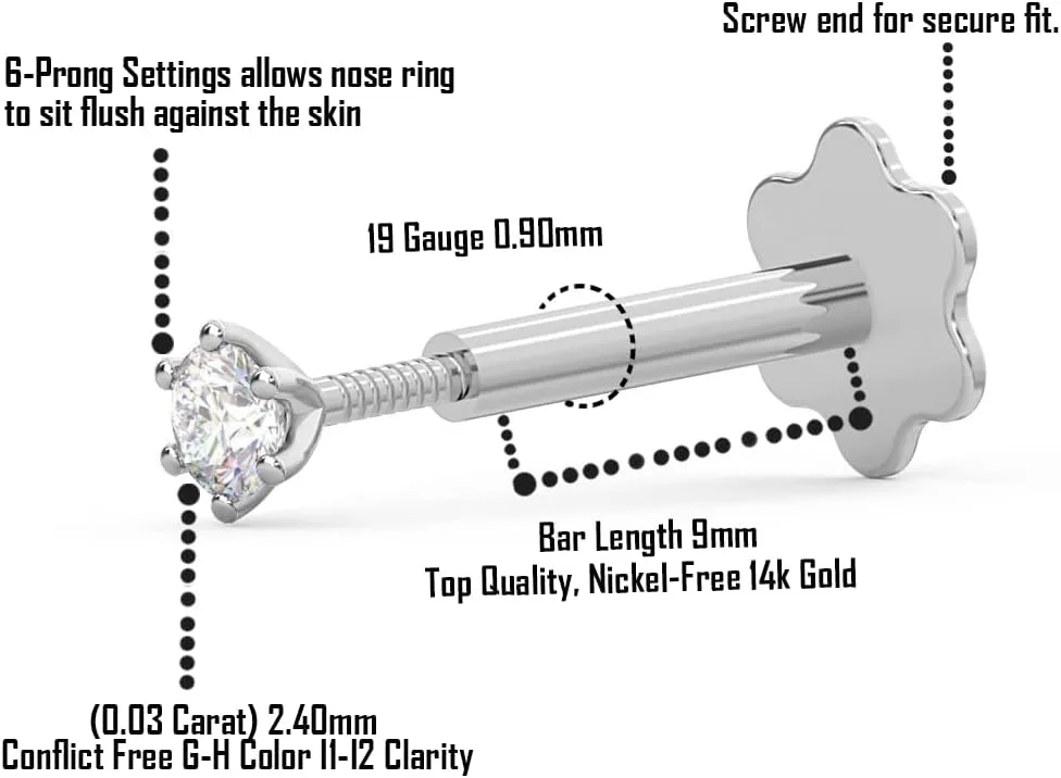 14K Gold Real Diamond Nose Ring for Women & Men | 2.33mm4.25mm Diamond Nose Stud | 18G & 19G Gold Nose Ring | Nose Piercing Studs | Body Piercing Jewelry in G-H Color & I1-I2 Clarity