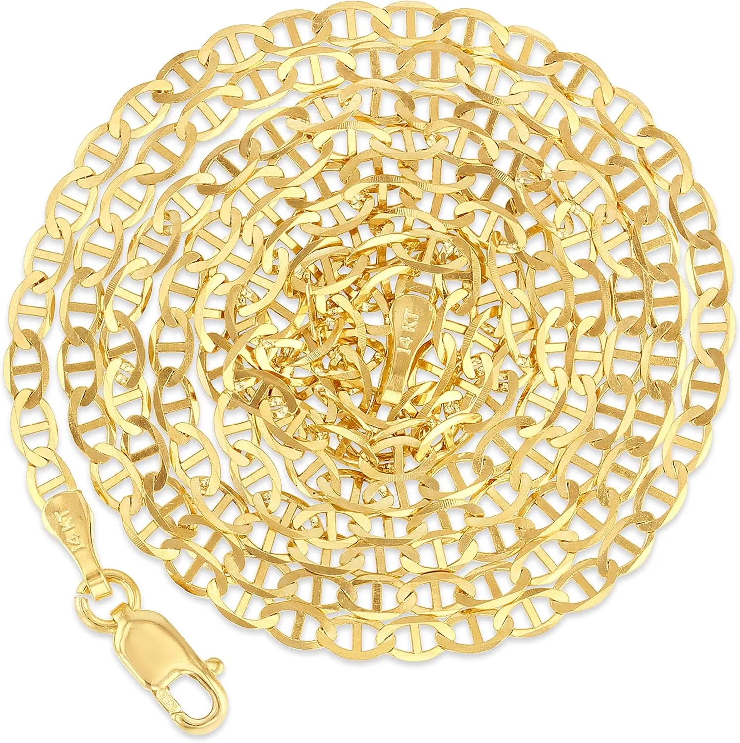 14K REAL Solid Gold 2.5mm Flat Mariner Chain Necklace with Lobster Clasp