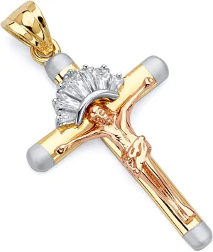 14k REAL Tri Color Gold CZ Religious Crucifix Jesus Cross Charm Pendant
