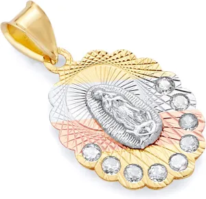 14k REAL Tri Color Gold CZ Religious Our Lady of Guadalupe Charm Pendant