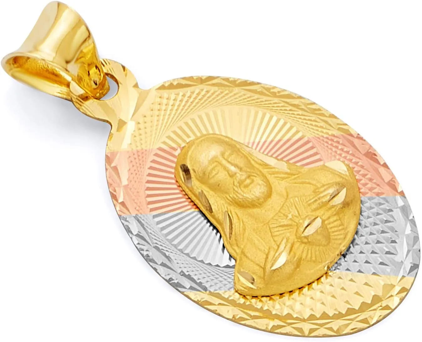 14k REAL Tri Color Gold Religious Jesus with Heart Stamp Charm Pendant