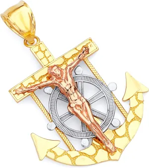 14k REAL Tri Color Gold Religious Mariner Crucifix Jesus Cross Charm Pendant