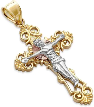 14k REAL Tri Color Gold Relogious Jesus Crucifix Cross Charm Pendant