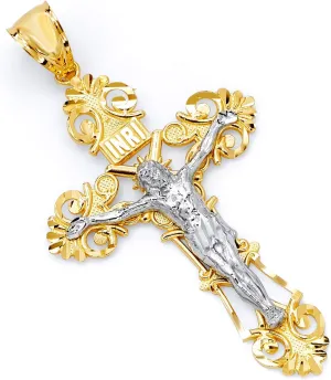 14k REAL Two Tone Gold Religious Crucifix Jesus Cross Charm Pendant