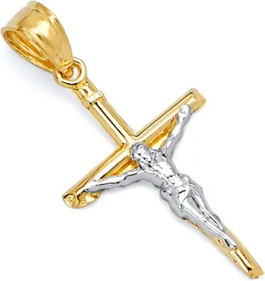 14k REAL Two Tone Gold Religious Jesus Crucifix Cross Charm Pendant