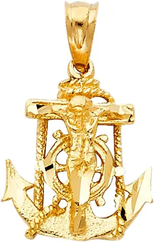 14k REAL Yellow Gold Mariner Religious Crucifix Jesus Cross Charm Pendant
