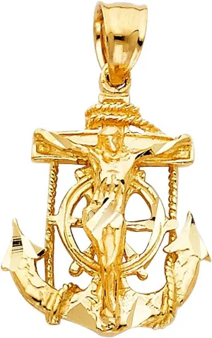 14k REAL Yellow Gold Mariner Religious Crucifix Jesus Cross Charm Pendant