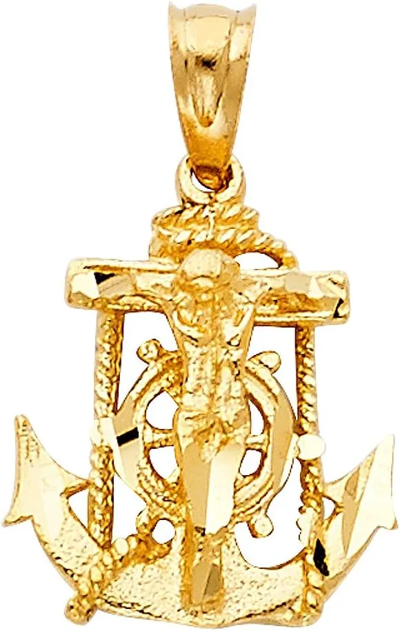 14k REAL Yellow Gold Mariner Religious Crucifix Jesus Cross Charm Pendant