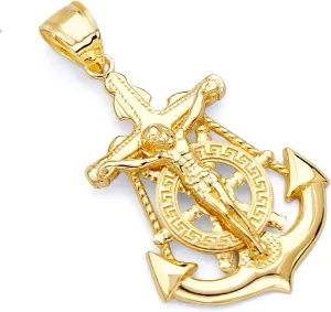 14k REAL Yellow Gold Mariner Religious Crucifix Jesus Cross Charm Pendant