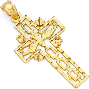 14k REAL Yellow Gold Religious Cross with Holy Spirit Dove Charm Pendant