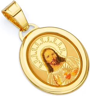14k REAL Yellow Gold Religious Jesus Heart Enamel Picture Charm Pendant