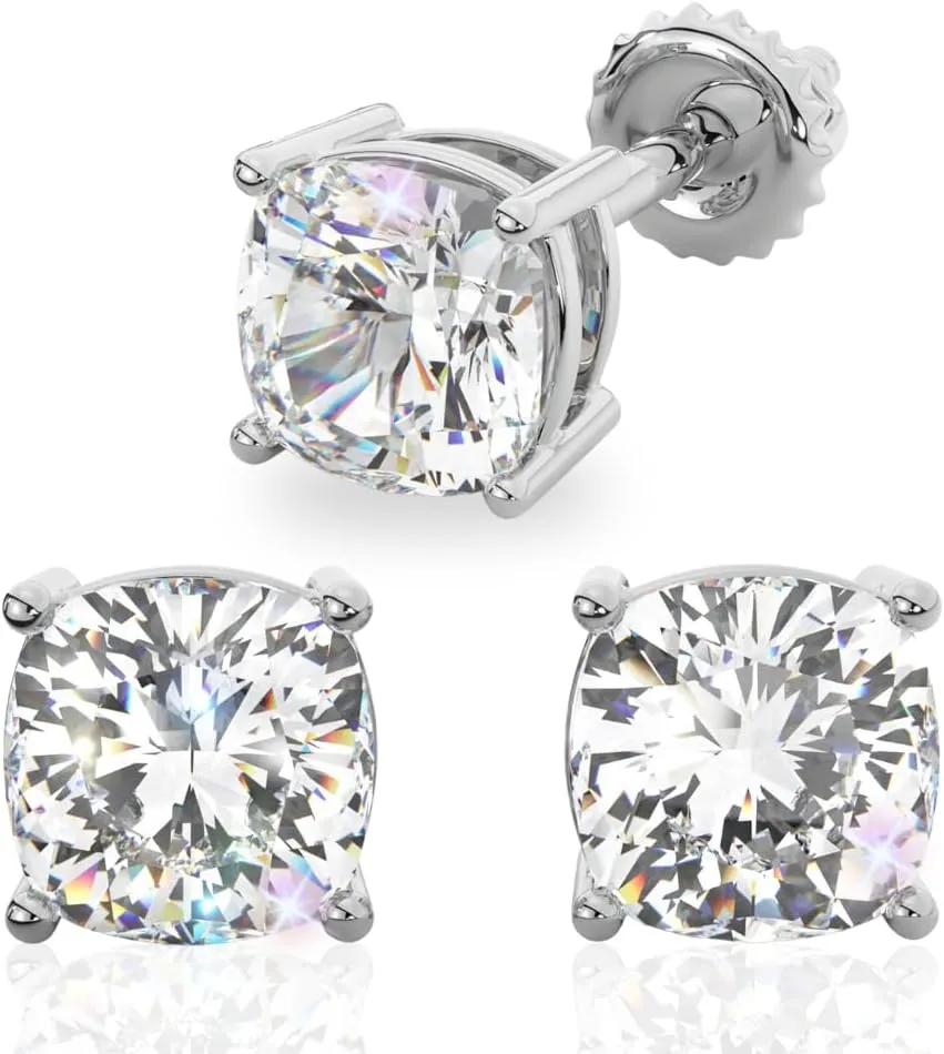 14K Solid Gold Moissanite Cushion Cut Stud Earrings for Women | 1.0 CTW or 2 CTWTotal | Hypoallergenic Lab Grown Gemstone | Push Back or Screw Back | Made in USA | By Adora Fine Jewelry