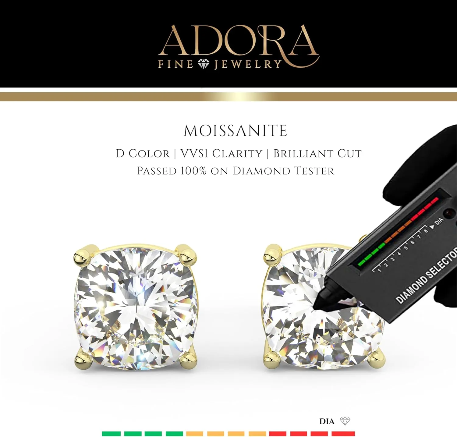 14K Solid Gold Moissanite Cushion Cut Stud Earrings for Women | 1.0 CTW or 2 CTWTotal | Hypoallergenic Lab Grown Gemstone | Push Back or Screw Back | Made in USA | By Adora Fine Jewelry