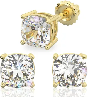 14K Solid Gold Moissanite Cushion Cut Stud Earrings for Women | 1.0 CTW or 2 CTWTotal | Hypoallergenic Lab Grown Gemstone | Push Back or Screw Back | Made in USA | By Adora Fine Jewelry