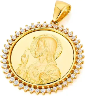14k Yellow Gold CZ Round Religious Jesus Christ Charm Pendant