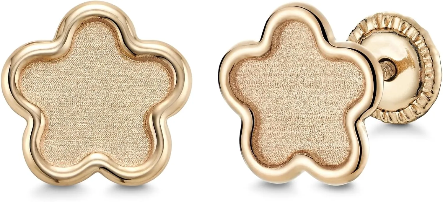 14k Yellow Gold Flower Stud Earrings Matte Finish, Covered Screwback Closure for Girls and Women
