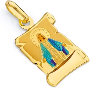 14k Yellow Gold Religious Blessed Virgin Mary Enamel Picture Charm Pendant