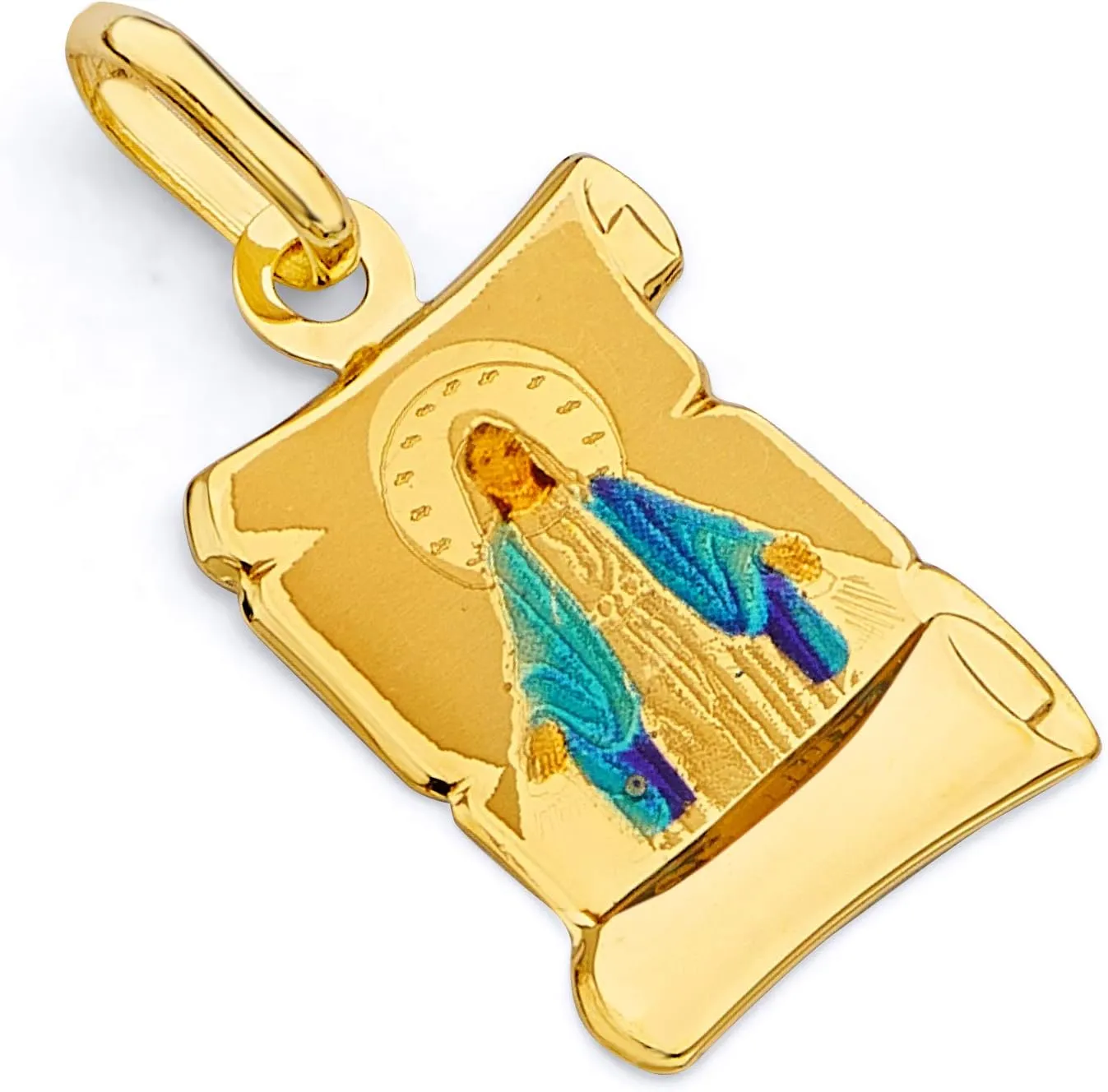 14k Yellow Gold Religious Blessed Virgin Mary Enamel Picture Charm Pendant