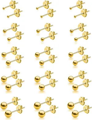15 Pairs Surgical Steel Ball Stud Earrings Set for Women & Men, 2-6mm, Silver & Gold, Hypoallergenic, 316L Stianless Steel