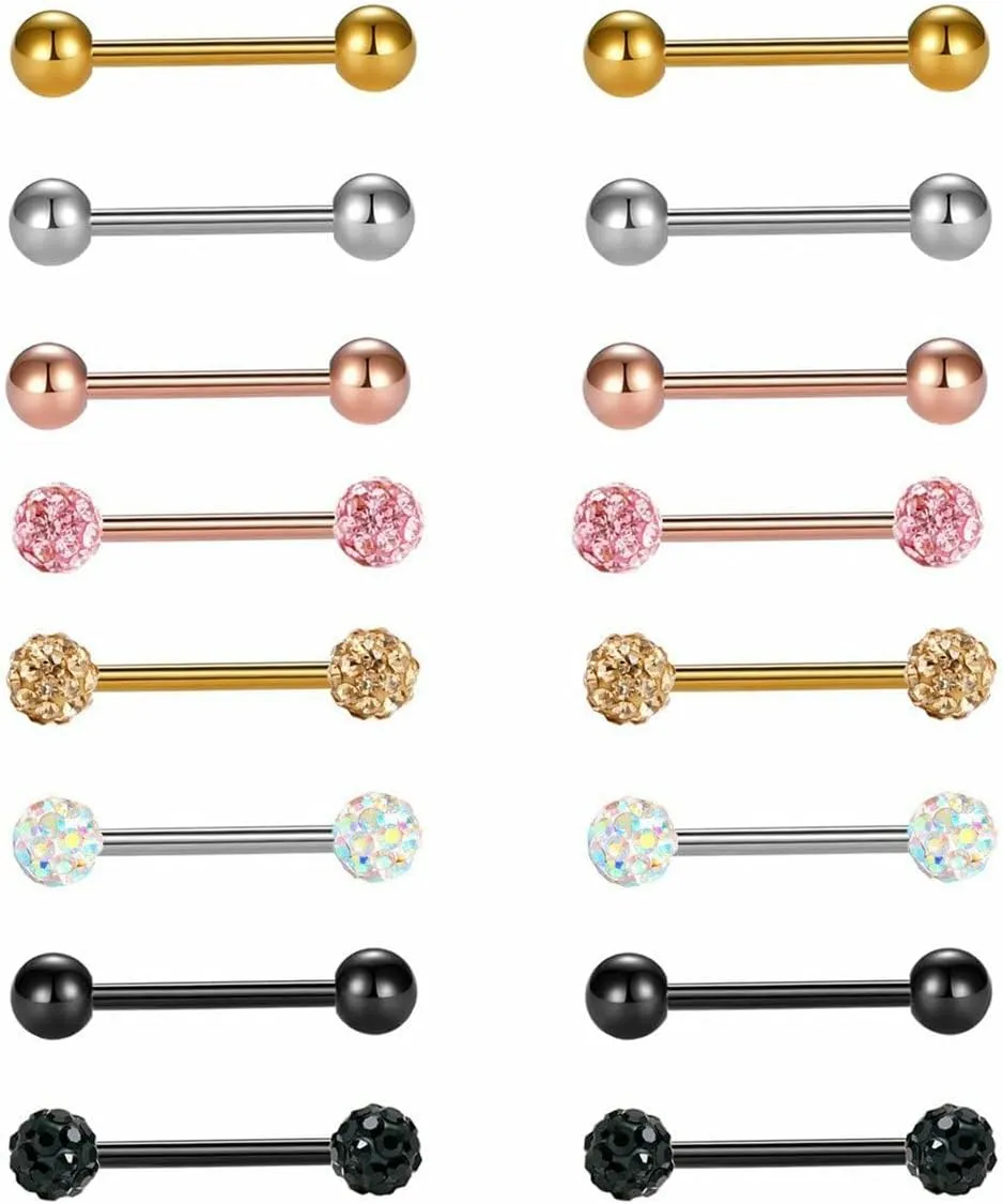 16 PCs Surgical Steel Barbells Tongue Ring Piercing 14G 5 8"16mm Unique Delicate Jewelry Accessories