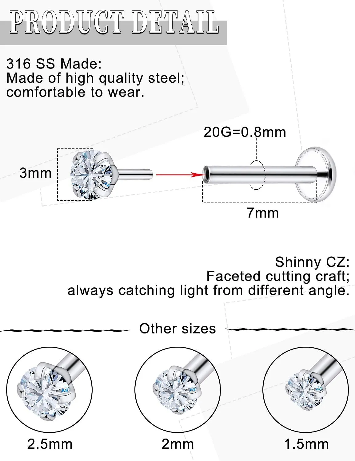 16G 18G 20G Threadless Flat Back Nose Ring Studs Earrings 316L Stainless Surgical Steel Tragus Helix Cartilage Earrings Medusa Labret Lip Rings Piercing Jewelry For Women Men CZ 1.5mm-3mm