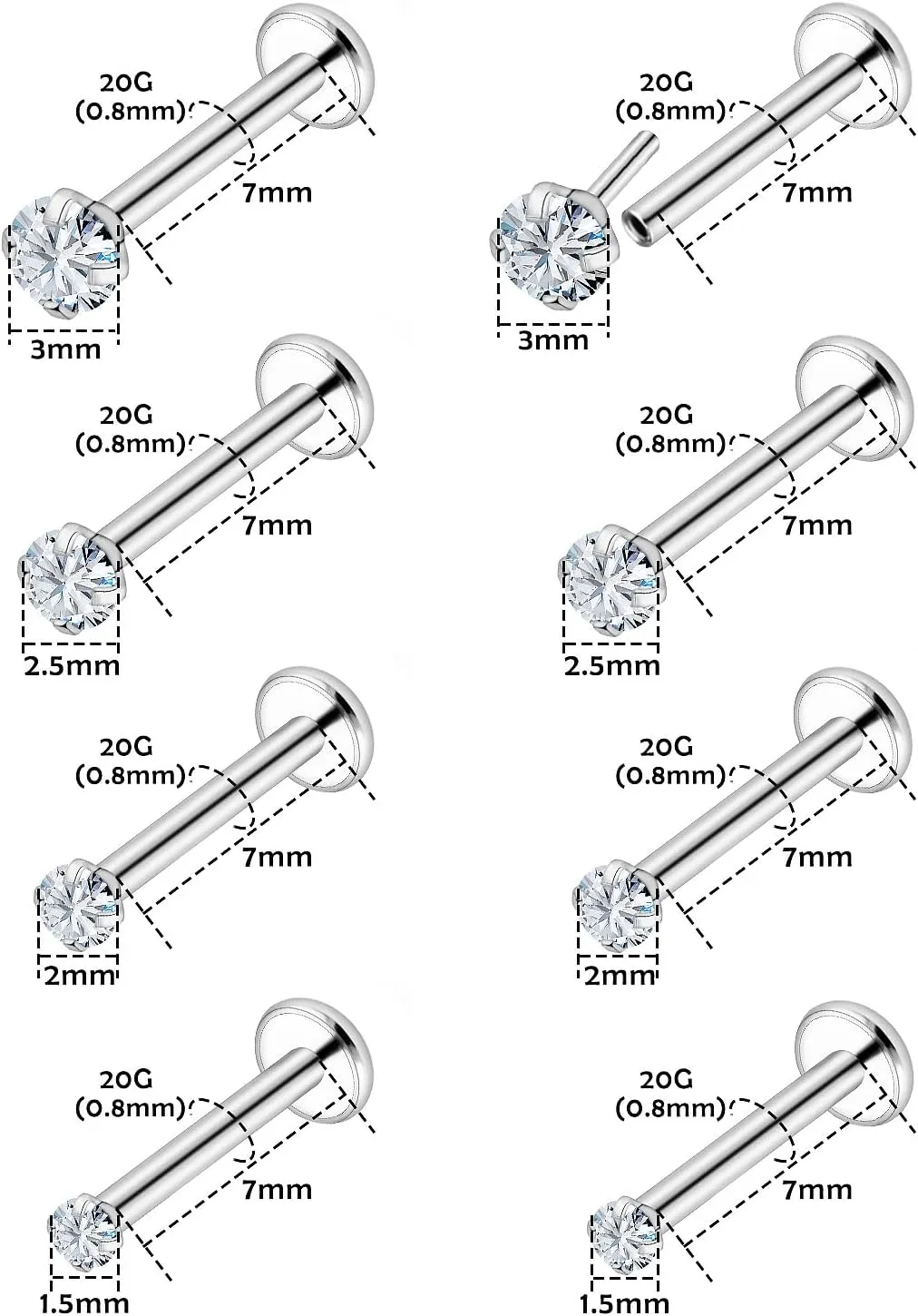 16G 18G 20G Threadless Flat Back Nose Ring Studs Earrings 316L Stainless Surgical Steel Tragus Helix Cartilage Earrings Medusa Labret Lip Rings Piercing Jewelry For Women Men CZ 1.5mm-3mm