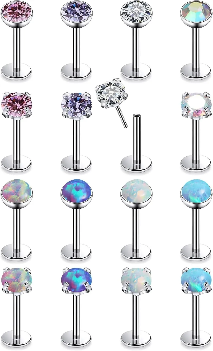 16G 18G 20G Threadless Flat Back Nose Ring Studs Earrings 316L Surgical Steel Tragus Helix Cartilage Earrings Medusa Labret Lip Rings Piercing Jewelry For Women Men Opal CZ 2mm 3mm