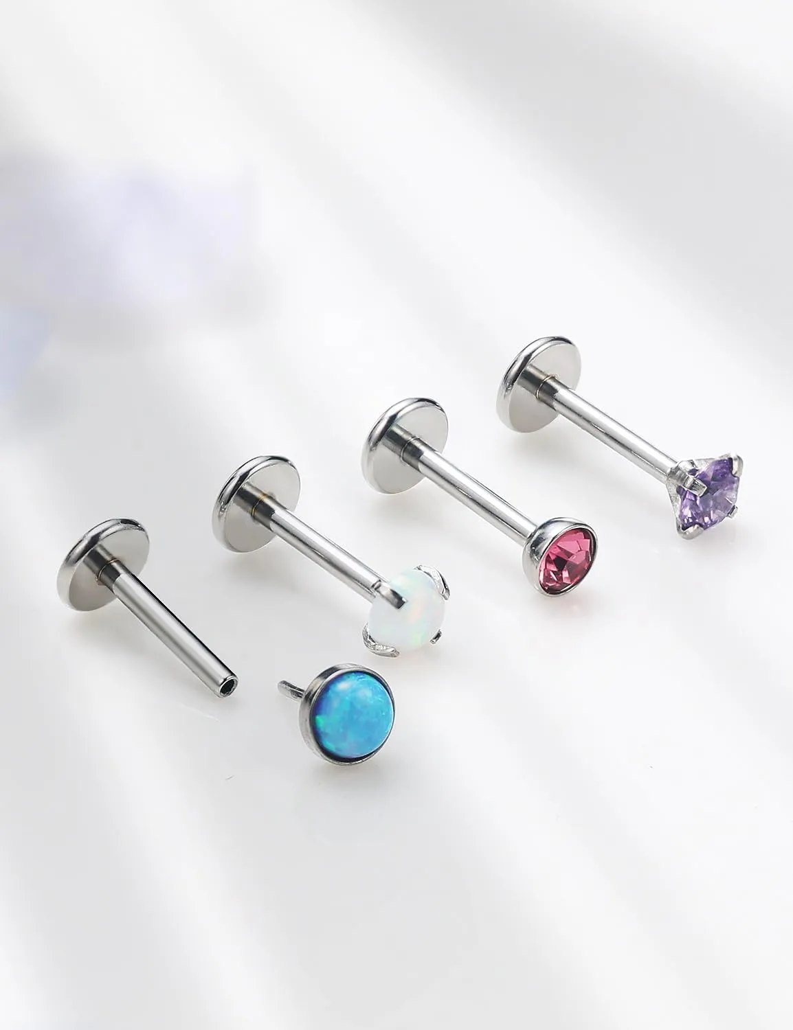 16G 18G 20G Threadless Flat Back Nose Ring Studs Earrings 316L Surgical Steel Tragus Helix Cartilage Earrings Medusa Labret Lip Rings Piercing Jewelry For Women Men Opal CZ 2mm 3mm
