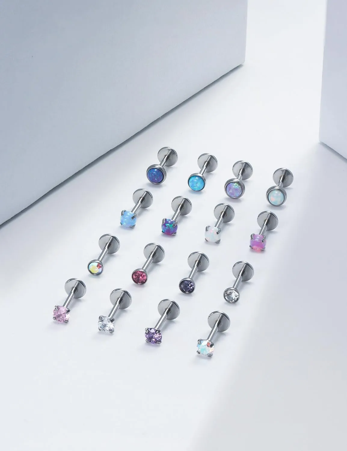 16G 18G 20G Threadless Flat Back Nose Ring Studs Earrings 316L Surgical Steel Tragus Helix Cartilage Earrings Medusa Labret Lip Rings Piercing Jewelry For Women Men Opal CZ 2mm 3mm