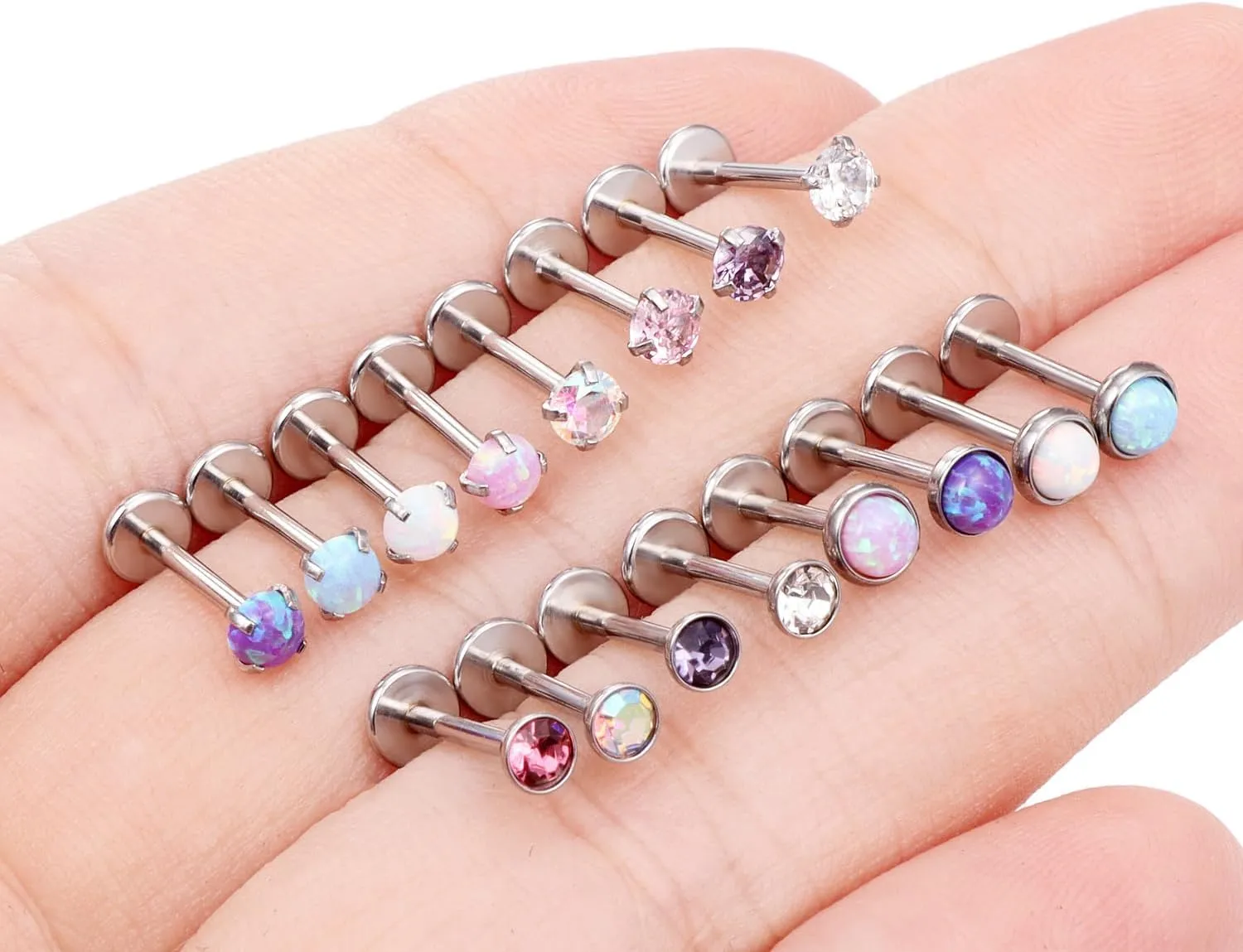 16G 18G 20G Threadless Flat Back Nose Ring Studs Earrings 316L Surgical Steel Tragus Helix Cartilage Earrings Medusa Labret Lip Rings Piercing Jewelry For Women Men Opal CZ 2mm 3mm