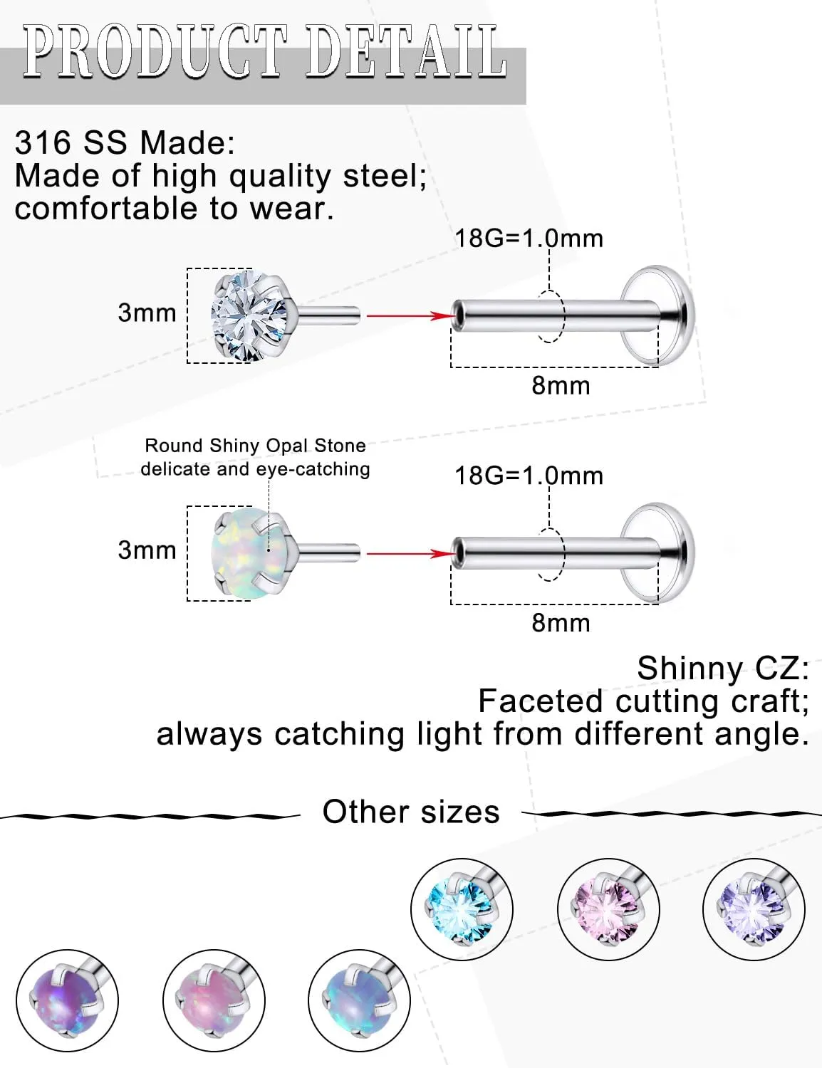 16G 18G 20G Threadless Flat Back Nose Ring Studs Earrings 316L Surgical Steel Tragus Helix Cartilage Earrings Medusa Labret Lip Rings Piercing Jewelry For Women Men Opal CZ 2mm 3mm
