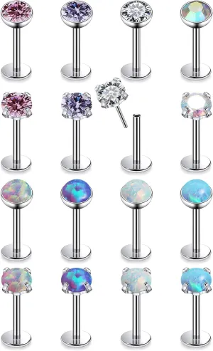 16G 18G 20G Threadless Flat Back Nose Ring Studs Earrings 316L Surgical Steel Tragus Helix Cartilage Earrings Medusa Labret Lip Rings Piercing Jewelry For Women Men Opal CZ 2mm 3mm