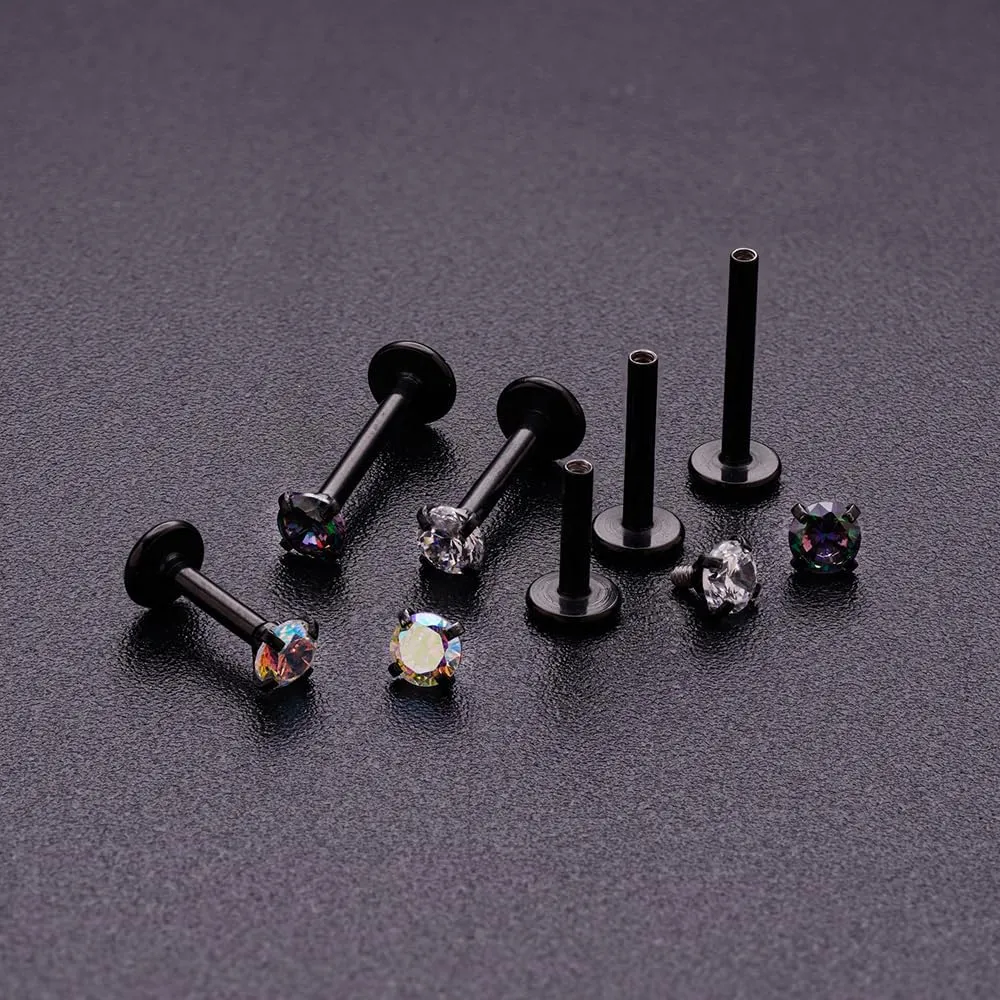 16G 18G Tragus Labret Lip Piercing Jewelry Black, Internally Threaded Surgical Steel CZ Studs for Women Men, 6mm 8mm 10mm Labret Nose Stud Cartilage Helix Medusa Conch Piercing Jewelry
