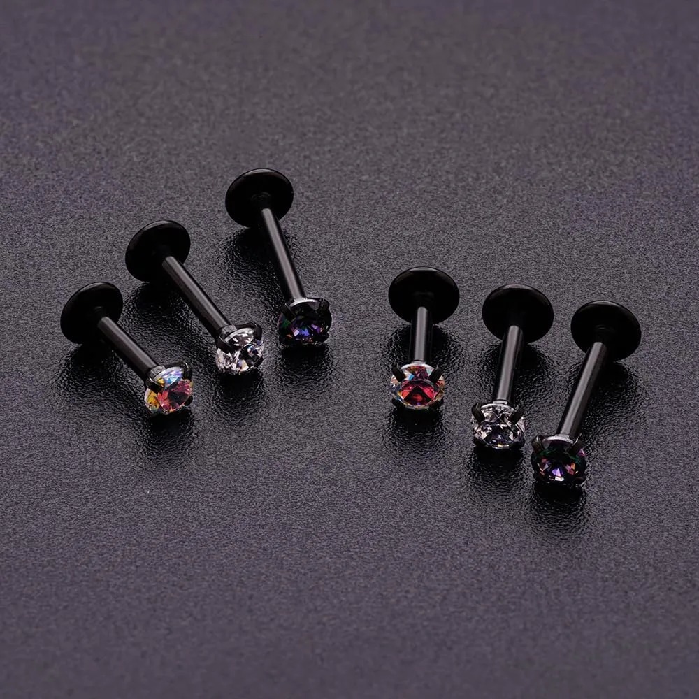 16G 18G Tragus Labret Lip Piercing Jewelry Black, Internally Threaded Surgical Steel CZ Studs for Women Men, 6mm 8mm 10mm Labret Nose Stud Cartilage Helix Medusa Conch Piercing Jewelry