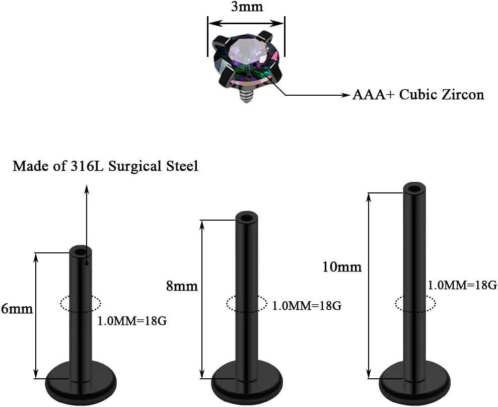 16G 18G Tragus Labret Lip Piercing Jewelry Black, Internally Threaded Surgical Steel CZ Studs for Women Men, 6mm 8mm 10mm Labret Nose Stud Cartilage Helix Medusa Conch Piercing Jewelry